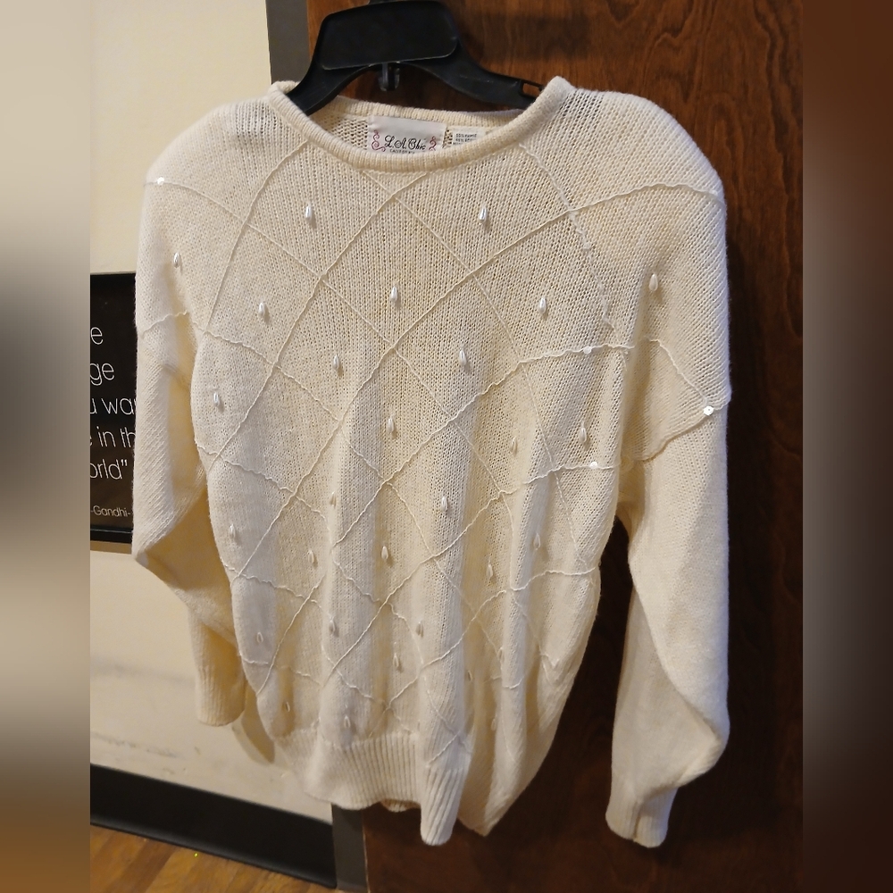 vintage LA CHIC cream sequin & pearl drop sweater